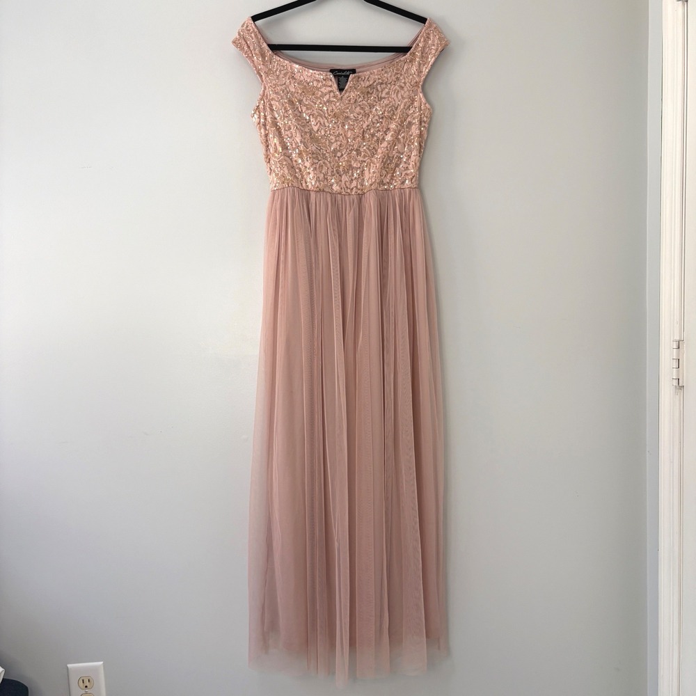 Prom Dress Blush Pink Sequin Lace Tulle Maxi Formal Gown Candalite Women's M